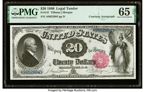 image for: D. N. Morgan Courtesy Autographed Fr. 141 $20 1880 Legal Tender PMG Gem Uncirculated 65 EPQ....