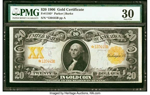 image for: Fr. 1185* $20 1906 Gold Certificate Star PMG Very Fine 30....