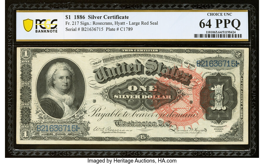 image for: Fr. 217 $1 1886 Silver Certificate PCGS Banknote Choice Unc 64 PPQ....