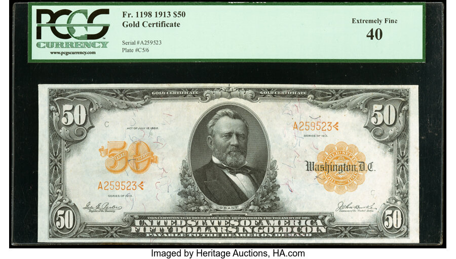 image for: Fr. 1198 $50 1913 Gold Certificate PCGS Extremely Fine 40....