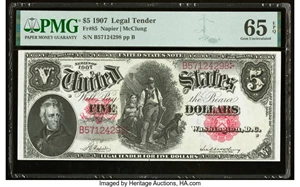 image for: Fr. 85 $5 1907 Legal Tender PMG Gem Uncirculated 65 EPQ....