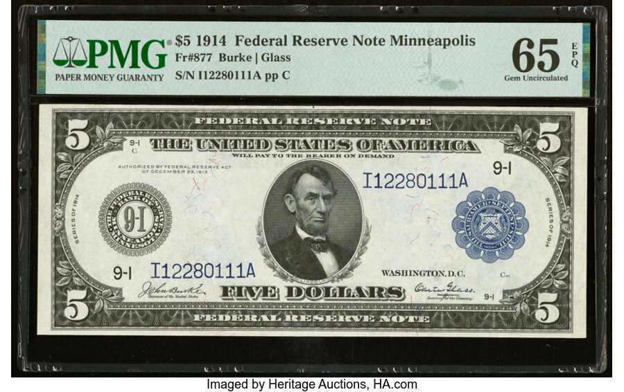 image for: Fr. 877 $5 1914 Federal Reserve Note PMG Gem Uncirculated 65 EPQ....