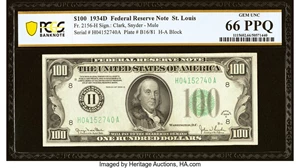 image for: Fr. 2156-H $100 1934D Federal Reserve Note. PCGS Banknote Gem Unc 66 PPQ....