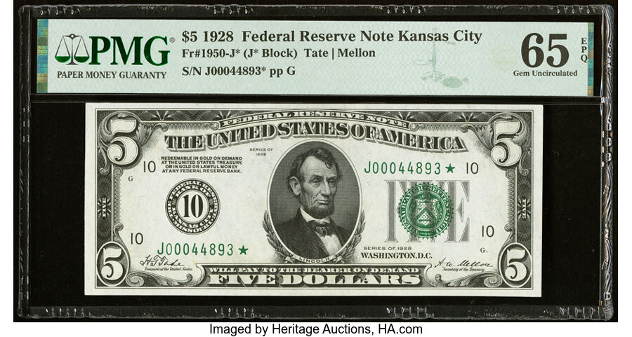image for: Fr. 1950-J* $5 1928 Federal Reserve Star Note. PMG Gem Uncirculated 65 EPQ....