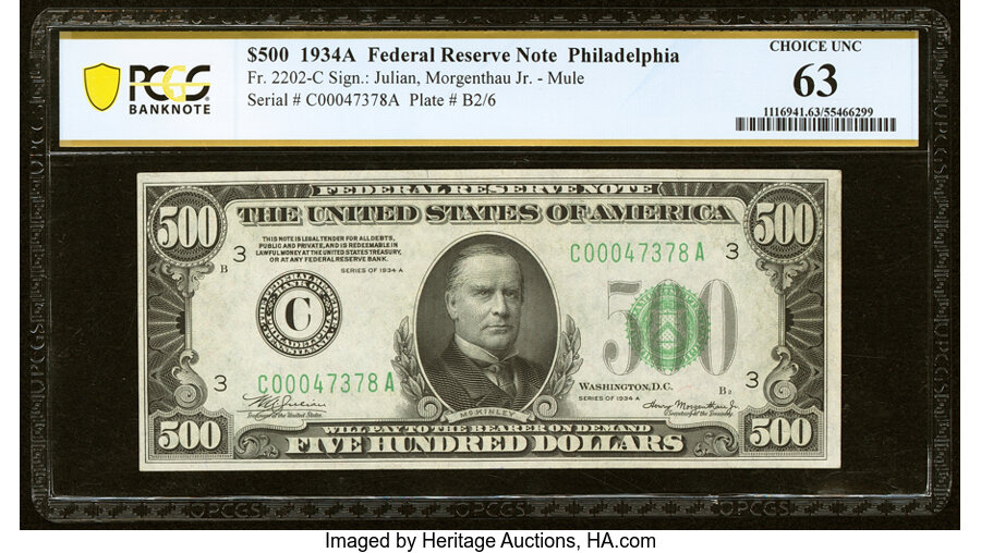 image for: Fr. 2202-C $500 1934A Federal Reserve Note. PCGS Banknote Choice Unc 63....