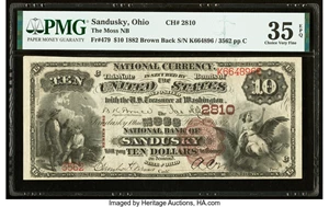 image for: Sandusky, OH - $10 1882 Brown Back Fr. 479 The Moss National Bank Ch. # 2810 PMG Choice Very Fine 35 EPQ....