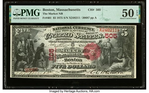 image for: Boston, MA - $5 1875 Fr. 401 The Market National Bank Ch. # 505 PMG About Uncirculated 50 EPQ....