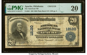 image for: Apache, OK - $20 1902 Plain Back Fr. 661 The American National Bank Ch. # 12120 PMG Very Fine 20....
