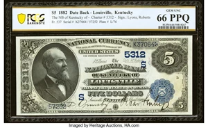 image for: Louisville, KY - $5 1882 Date Back Fr. 537 The National Bank of Kentucky Ch. # (S)5312 PCGS Banknote Gem Unc 66 PPQ....