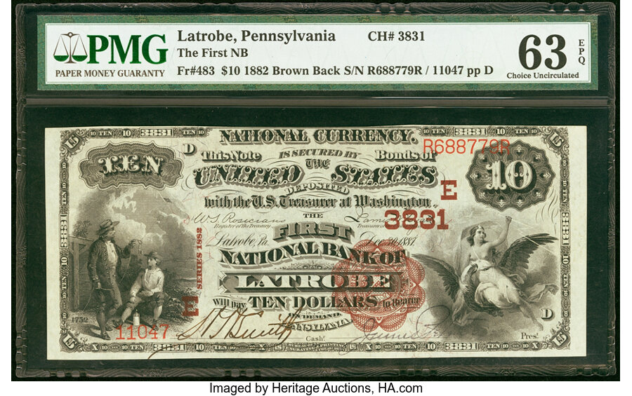 image for: Latrobe, PA - $10 1882 Brown Back Fr. 483 The First National Bank Ch. # (E)3831 PMG Choice Uncirculated 63 EPQ....