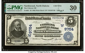 image for: Northwood, ND - $5 1902 Plain Back Fr. 601 The Citizens National Bank Ch. # (W)9754 PMG Very Fine 30....
