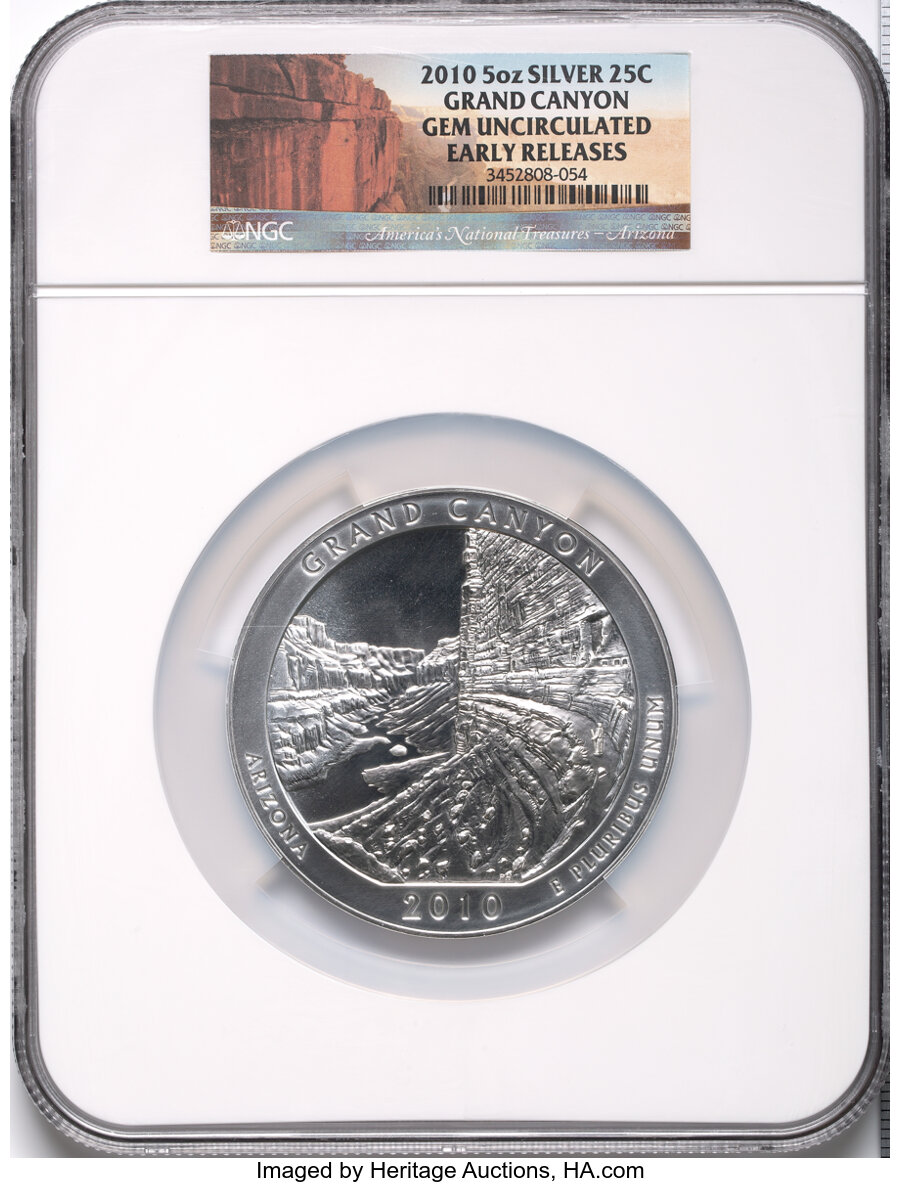 image for: 2010 25C Grand Canyon Five Ounce Silver, Early Releases, Gem Uncirculated NGC. Ex: America's National Treasures - Arizona....