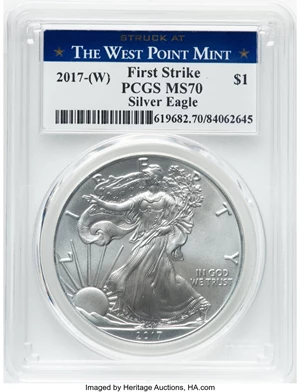 image for: 2017-W $1 One-Ounce Silver Eagle, Struck at The West Point Mint, First Strike MS70 PCGS....