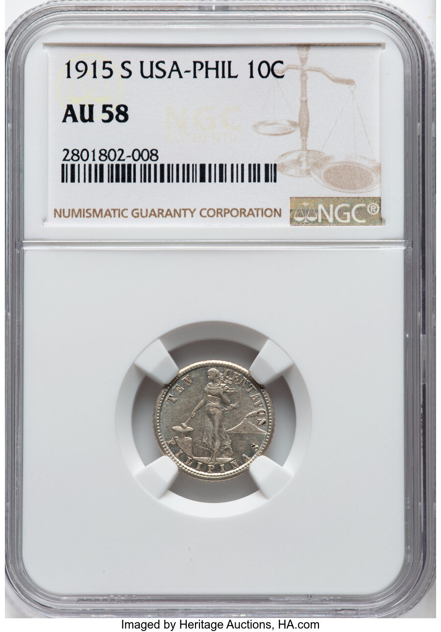 image for: 1915-S 10C Philippines 10 Centavos AU58 NGC. NGC Census: (0/0)....