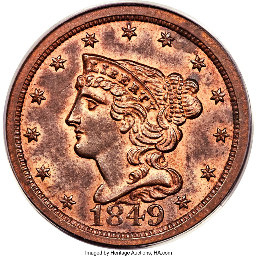 image for: 1849 1/2 C Large Date, C-1, B-4, R.2, MS64 Red and Brown PCGS. CAC....