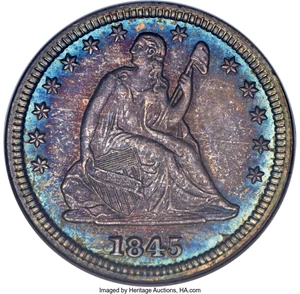image for: 1845 25C Repunched Date, FS-301, MS66 NGC. Briggs 3-C, Large 5 Over Small 5....