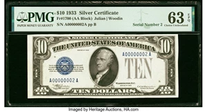 image for: Low Serial Number 2 Fr. 1700 $10 1933 Silver Certificate. PMG Choice Uncirculated 63 EPQ....