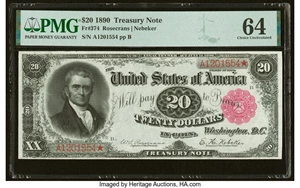 image for: Fr. 374 $20 1890 Treasury Note PMG Choice Uncirculated 64....