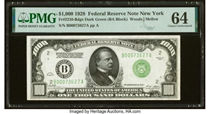 image for: Fr. 2210-B $1,000 1928 Federal Reserve Note. PMG Choice Uncirculated 64....