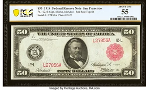 image for: Fr. 1023b $50 1914 Red Seal Federal Reserve Note PCGS Banknote About Unc 55....