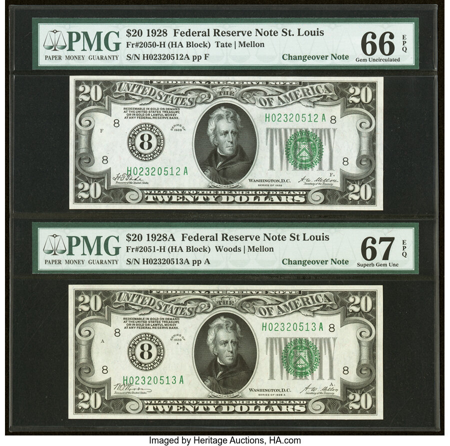 image for: Changeover Pair Fr. 2050-H/2051-H $20 1928/1928A Federal Reserve Notes. PMG Gem Uncirculated 66 EPQ; Superb Gem Unc 67 EPQ....