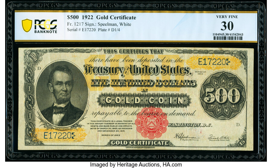 image for: Fr. 1217 $500 1922 Gold Certificate PCGS Banknote Very Fine 30....