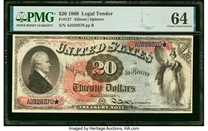 image for: Fr. 127 $20 1869 Legal Tender PMG Choice Uncirculated 64....