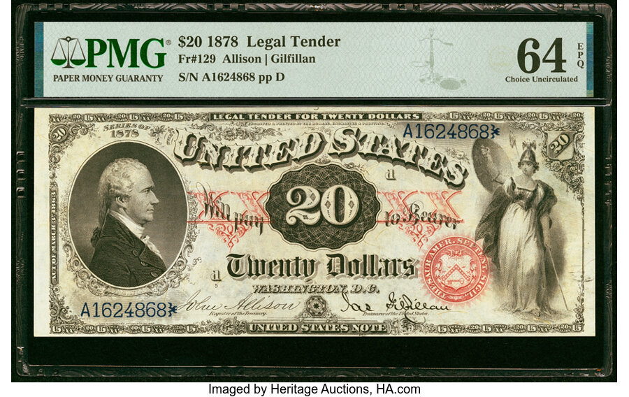 image for: Fr. 129 $20 1878 Legal Tender PMG Choice Uncirculated 64 EPQ....
