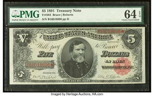 image for: Fr. 364 $5 1891 Treasury Note PMG Choice Uncirculated 64 EPQ....