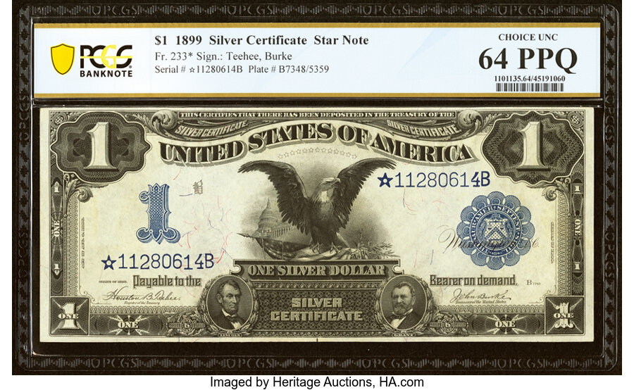 image for: Fr. 233* $1 1899 Silver Certificate Star PCGS Banknote Choice Unc 64 PPQ....