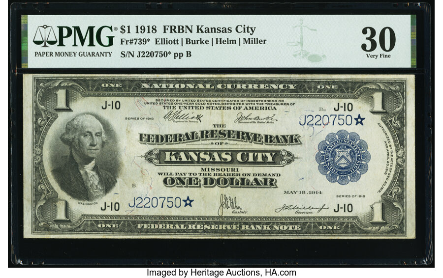 image for: Fr. 739* $1 1918 Federal Reserve Bank Star Note PMG Very Fine 30....