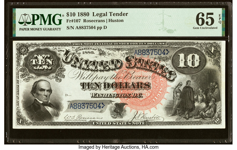 image for: Fr. 107 $10 1880 Legal Tender PMG Gem Uncirculated 65 EPQ....