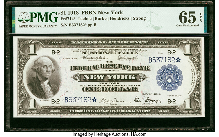 image for: Fr. 712* $1 1918 Federal Reserve Bank Note PMG Gem Uncirculated 65 EPQ....