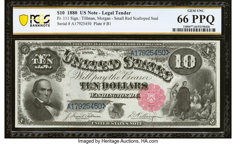 image for: Fr. 111 $10 1880 Legal Tender PCGS Banknote Gem Unc 66 PPQ....