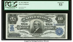 image for: Fr. 303 $10 1908 Silver Certificate PCGS About New 53....
