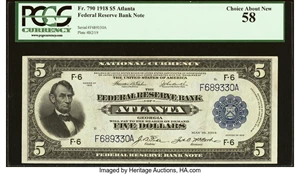 image for: Fr. 790 $5 1918 Federal Reserve Bank Note PCGS Choice About New 58....
