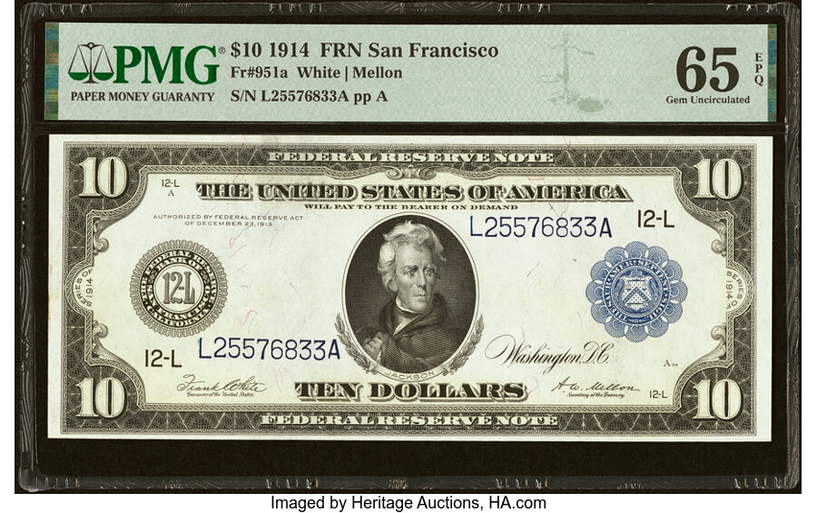 image for: Fr. 951a $10 1914 Federal Reserve Note PMG Gem Uncirculated 65 EPQ....