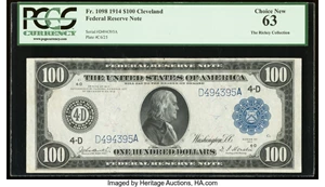 image for: Fr. 1098 $100 1914 Federal Reserve Note PCGS Choice New 63....