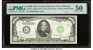 image for: Fr. 2211-G $1,000 1934 Federal Reserve Note. PMG About Uncirculated 50....