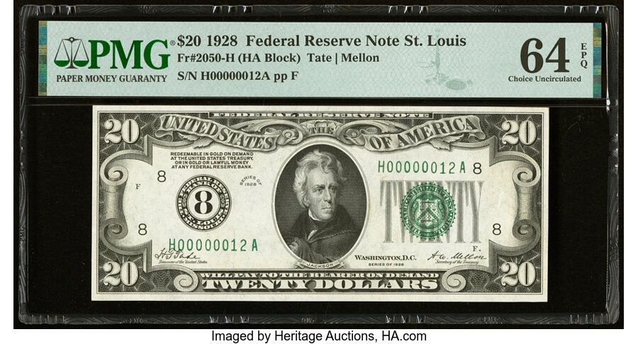 image for: Low Serial Number 12 Fr. 2050-H $20 1928 Federal Reserve Note. PMG Choice Uncirculated 64 EPQ....