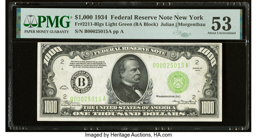 image for: Fr. 2211-B $1,000 1934 Light Green Seal Federal Reserve Note. PMG About Uncirculated 53....