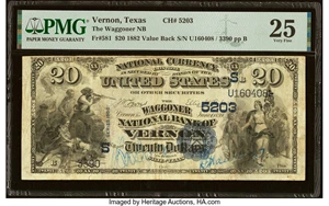 image for: Vernon, TX - $20 1882 Value Back Fr. 581 The Waggoner National Bank Ch. # (S)5203 PMG Very Fine 25....