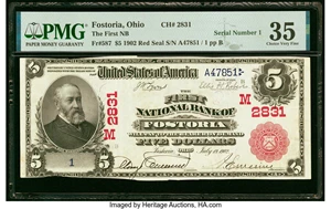 image for: Serial Number 1 Fostoria, OH - $5 1902 Red Seal Fr. 587 The First National Bank Ch. # (M)2831 PMG Choice Very Fine 35....