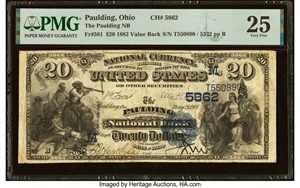 image for: Paulding, OH - $20 1882 Value Back Fr. 581 The Paulding National Bank Ch. # (M)5862 PMG Very Fine 25....
