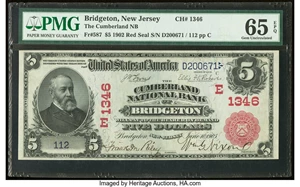 image for: Bridgeton, NJ - $5 1902 Red Seal Fr. 587 The Cumberland National Bank Ch. # (E)1346 PMG Gem Uncirculated 65 EPQ....