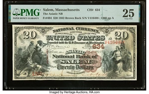 image for: Salem, MA - $20 1882 Brown Back Fr. 494 The Asiatic National Bank Ch. # 634 PMG Very Fine 25....