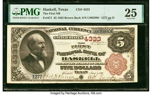 image for: Haskell, TX - $5 1882 Brown Back Fr. 471 The First National Bank Ch. # 4333 PMG Very Fine 25....
