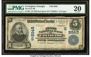 image for: Covington, GA - $5 1902 Date Back Fr. 592 The First National Bank Ch. # (S)8945 PMG Very Fine 20....