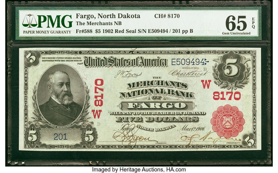 image for: Fargo, ND - $5 1902 Red Seal Fr. 588 The Merchants National Bank Ch. # (W)8170 PMG Gem Uncirculated 65 EPQ....