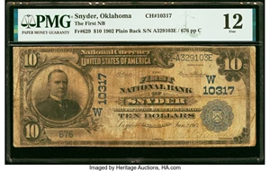 image for: Snyder, OK - $10 1902 Plain Back Fr. 629 The First National Bank Ch. # (W)10317 PMG Fine 12....